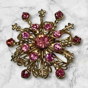 Vintage Gold-Tone Filigree Pink Rhinestone Starburst Brooch -189